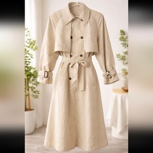 Vintage Elegant Cream Beige Double-Breasted Belted Trench Coat Large